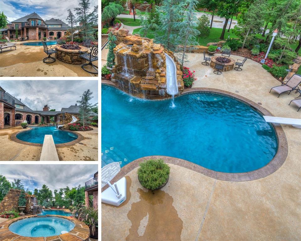 Tessa Hood Realtor – Pool with rock waterfall slide, diving board, and fire pit at 1705 Maple Dr, Blanchard Oklahoma