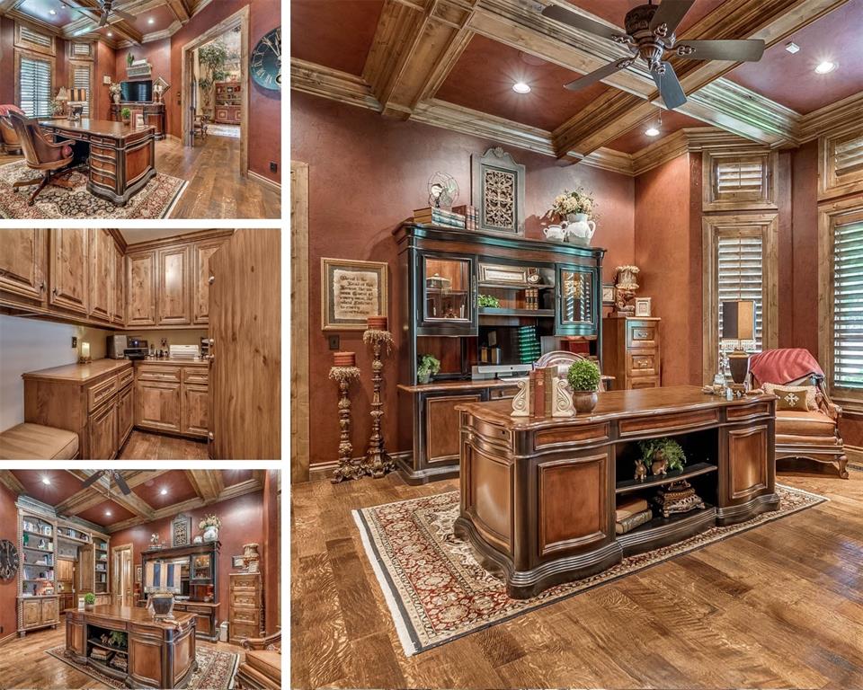 Tessa Hood Realtor – Executive home office with coffered ceiling and hardwood floors at 1705 Maple Dr, Blanchard Oklahoma